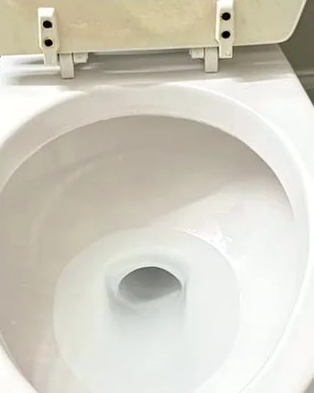 The same toilet bowl scrubbed white
