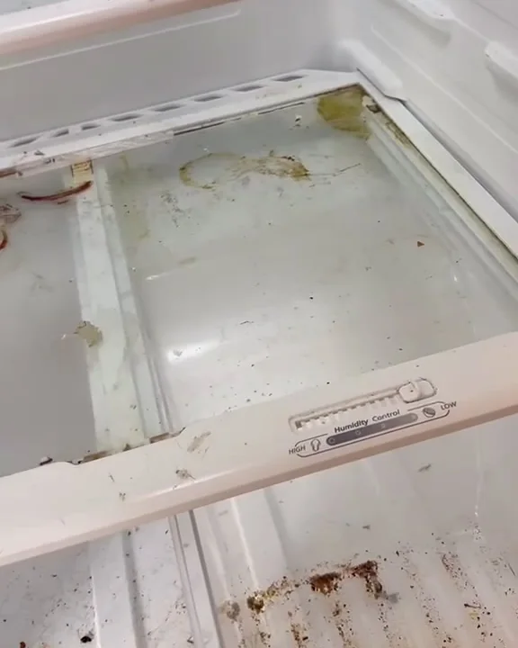 Refrigerator shelves with spills before cleaning